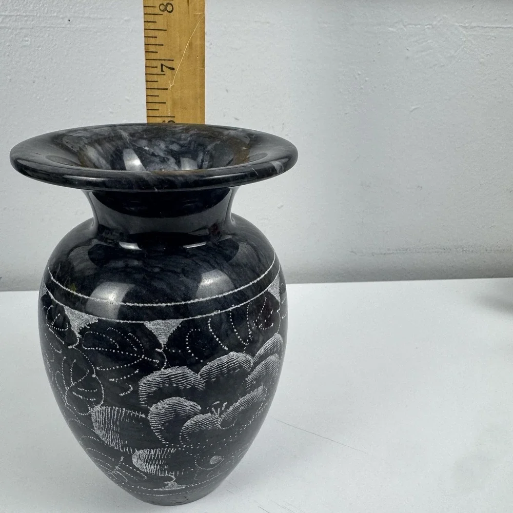 Black Stone Floral Etched Flower Vase Jar Small Decorative Modern Contemporary